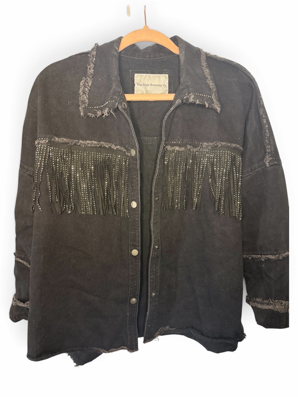 Black Studded Fringe Denim Jacket with Distressed Trim